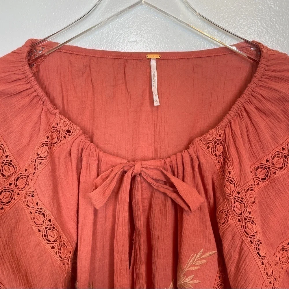 Free People Terra Cotta Maria Maria Top Ribbon Tie Gathered Waist Embroidery M